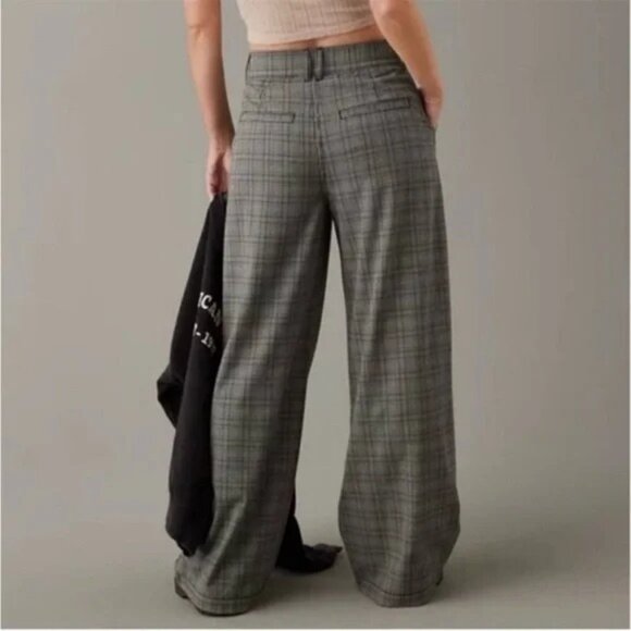 American Eagle Womens Wide Leg Stretch Trousers Size 14 32W High-Rise Gray Plaid - Picture 2 of 10